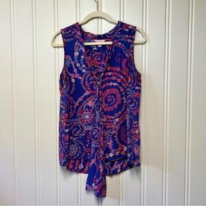 Lilly Pulitzer Silk Sleeveless Tie Front Blouse Size L Blue Pink Floral
